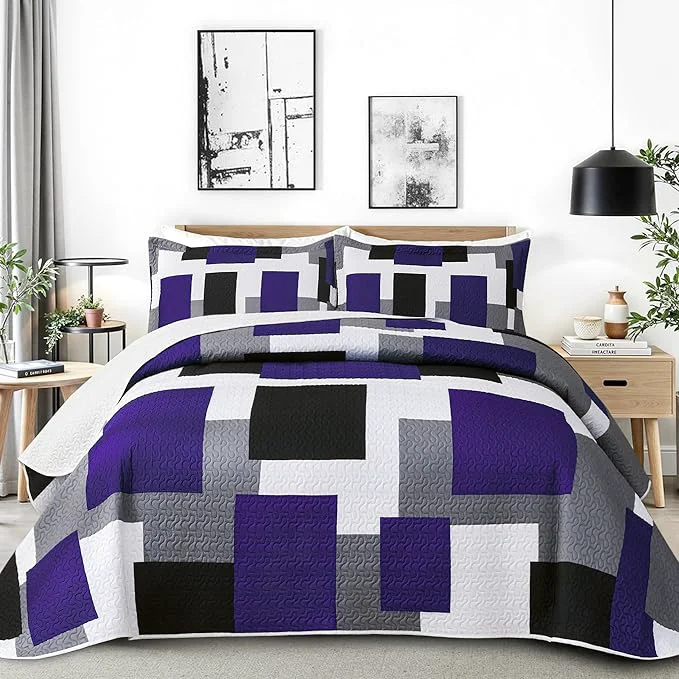Fast Tyrot 3 Piece Dark Purple Grey Quilt Set California King Size Black White Genuine