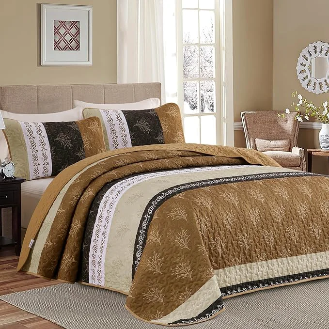 Exceptional DJY Brown Quilt Set Queen Striped Bedspread Coverlet Set 3 Pieces Boho Branch Superior