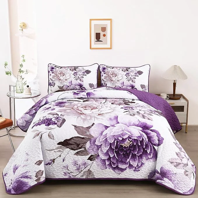 Outstanding WONGS BEDDING Floral Quilt Set Purple Queen Quilted Printed Lightweight Original Design