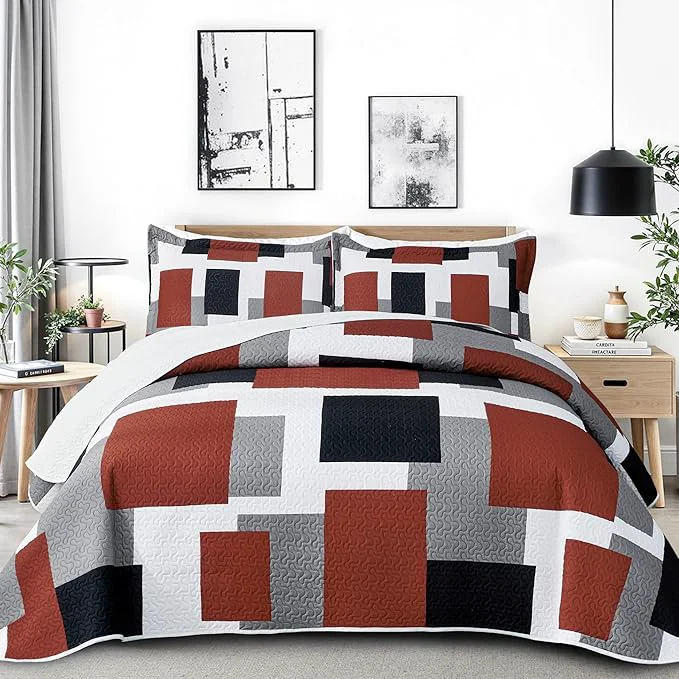World-Class Tyrot 3 Piece Burnt Orange Grey Quilt Set California King Size Black White Lightweight