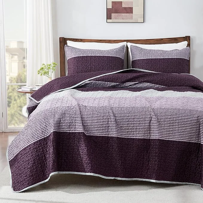 Elite Andency Stripe Quilt Set Cal King 3 Pieces Purple and Grey Striped Bedspread Crafted