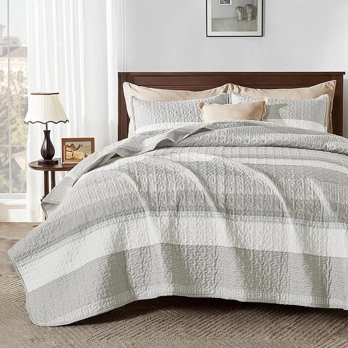 High-End Andency King Size Quilt Set Linen Grey 3 Pieces Summer Ultra Soft Lightweight Prestigious