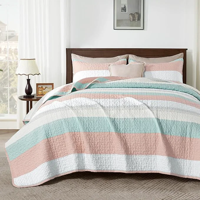 Genuine Andency King Size Quilt Set Pink Green 3 Pieces Summer Ultra Soft Lightweight Premium