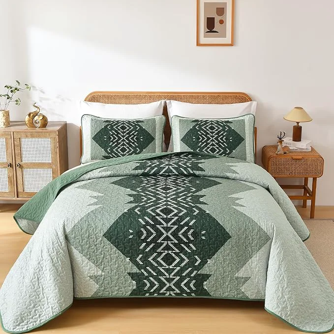 Detailed Dintszyayue Green Boho Quilt Set King Size 3 Piece Aztec Texture Bedspread Comfortable