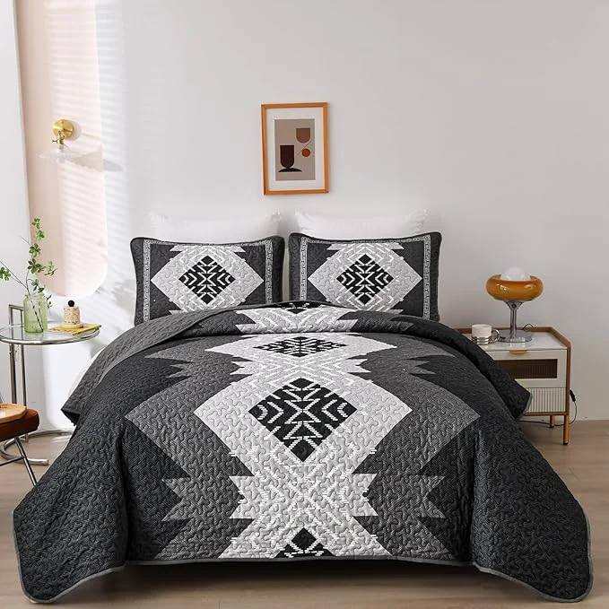 Convenient Dintszyayue Boho Queen Quilt Set 3 Pieces Black Grey Aztec Texture Bedspread Selected