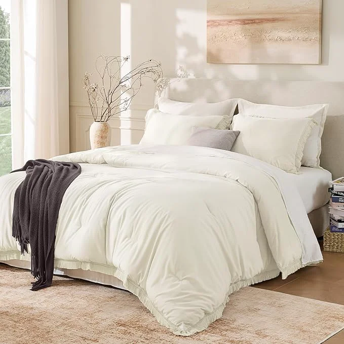 Fashionable Andency King Size Comforter Set Ivory 3 Pieces Boho Soft Lightweight Bedding Pure