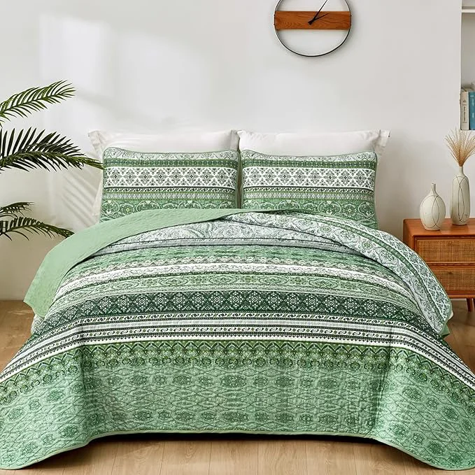 World-Class WONGS BEDDING Boho King Quilt Set Light Green Bohemian Quilt Bedding Set Reusable