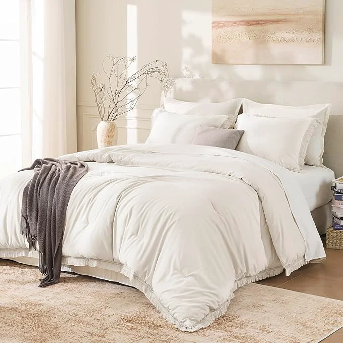Authentic Andency Comforter Full Size Set Beige 3 Pieces Boho Tassel Lightweight Bedding Sophisticated