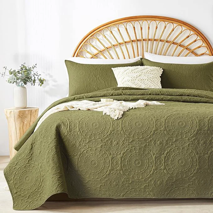 Proven WURUIBO Olive Green Quilt Set Twin Size Embossing Microfiber Bedspreads Breathable