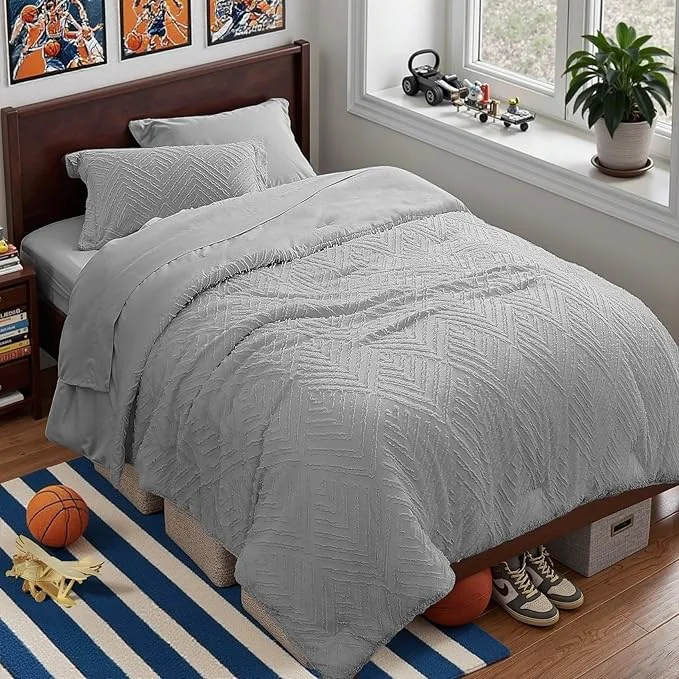 Original Zzlpp Twin Comforter Set 5 Pieces Light Grey Tufted Bed in a Bag Recyclable