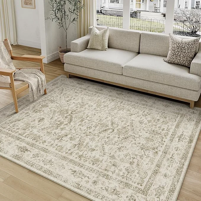 Comfortable Taupe 5×7 Area Rug Vintage Washable Living Room Carpet Non Slip Bedroom Indoor Proven