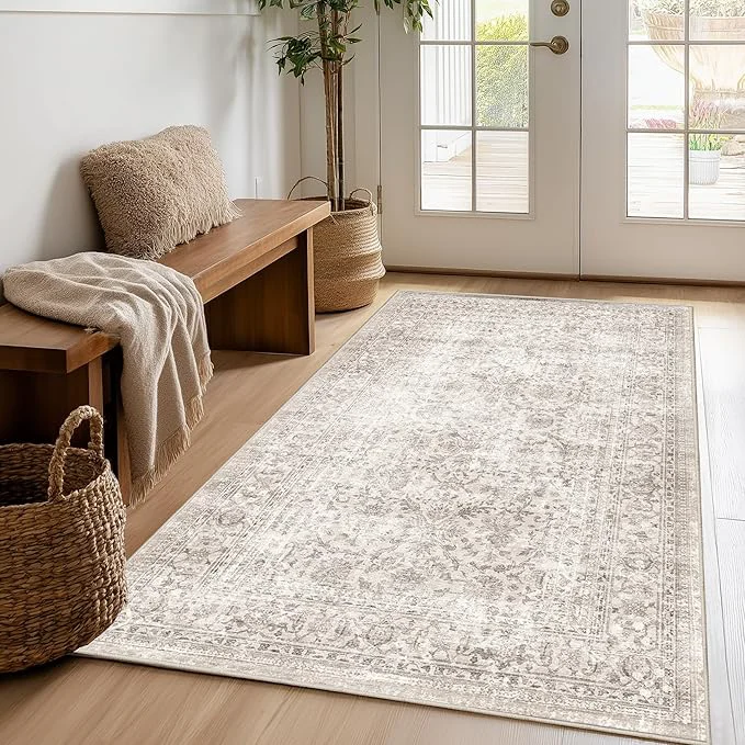 Practical FMFUNCTEX 3×4 Washable Area Rug Beige Vintage Neutral Non Slip Low Pile Consistent