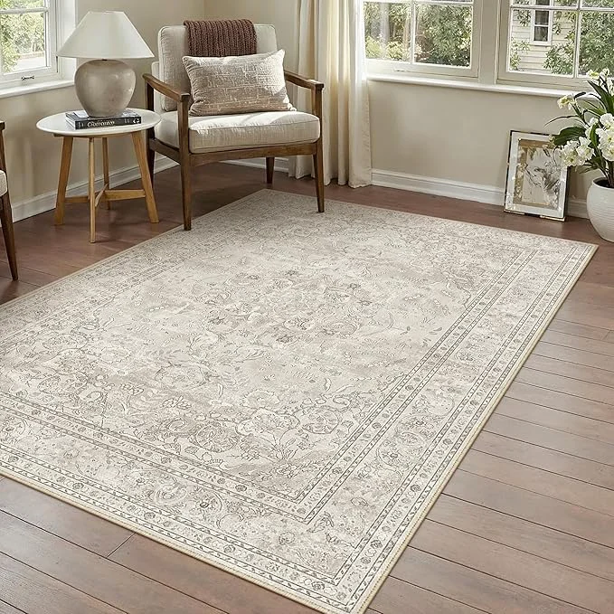 Functional Beige 3×5 Area Rug Washable Vintage Carpet Effective