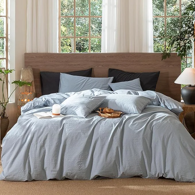 Consistent MooMee Wavy Striped Duvet Cover Set Washed Cotton Linen Like Textured Secure