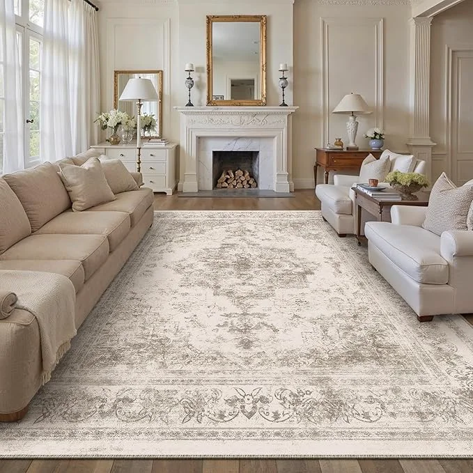 Eco-Friendly Area Rug 10×12 Beige Washable Living Room Carpet Non Slip Vintage Medallion Proven