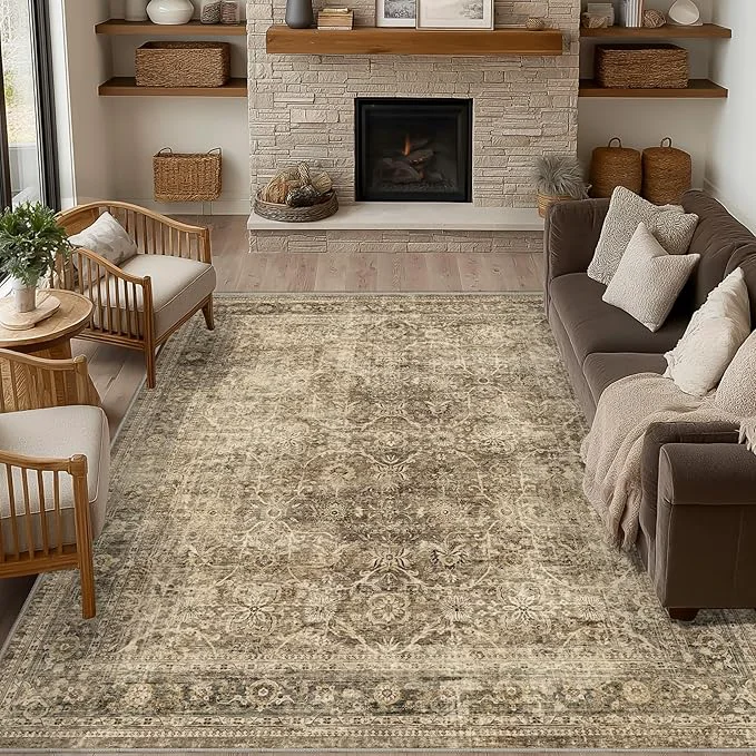 Eco-Friendly FMFUNCTEX 9×12 Washable Area Rug Brown Vintage Neutral Distressed Large Non Unique