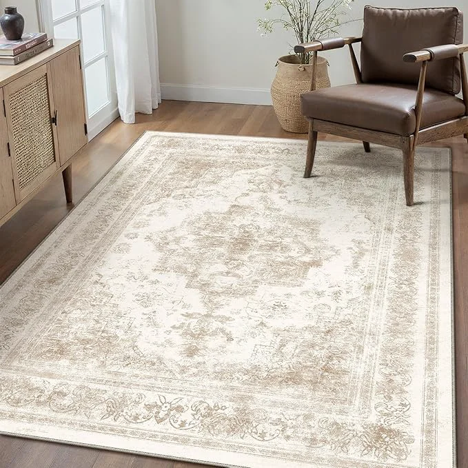 Advanced Area Rug 4×6 Cream Washable Office Entryway Vintage Medallion Beige Carpet Non Natural
