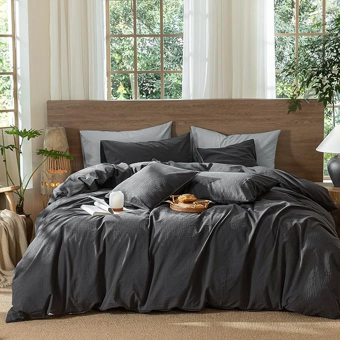 Classic MooMee Wavy Striped Duvet Cover Set Washed Cotton Linen Like Textured Soft