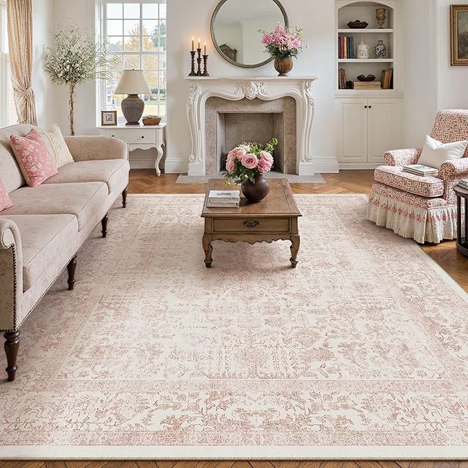 Unique Pink Area Rug 8×10 Machine Washable Large Vintage Living Room Distressed Non Professional