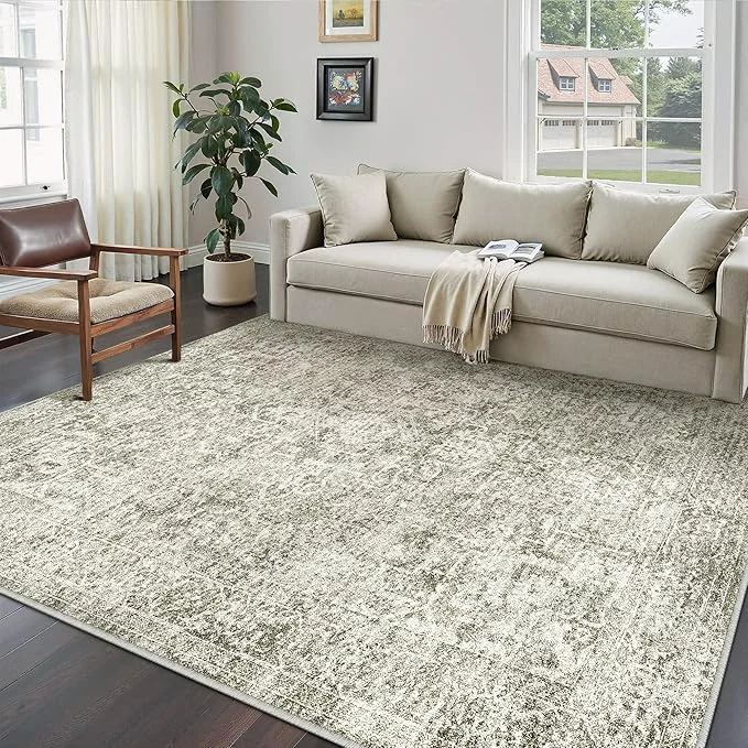 Versatile 5×7 Area Rug Washable Vintage Neutral Living Room Carpet Large Indoor Non Slip Professional