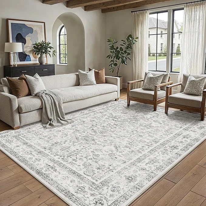 Prestigious Grey 5×7 Area Rug Vintage Washable Living Room Carpet Non Slip Bedroom Indoor Sustainable