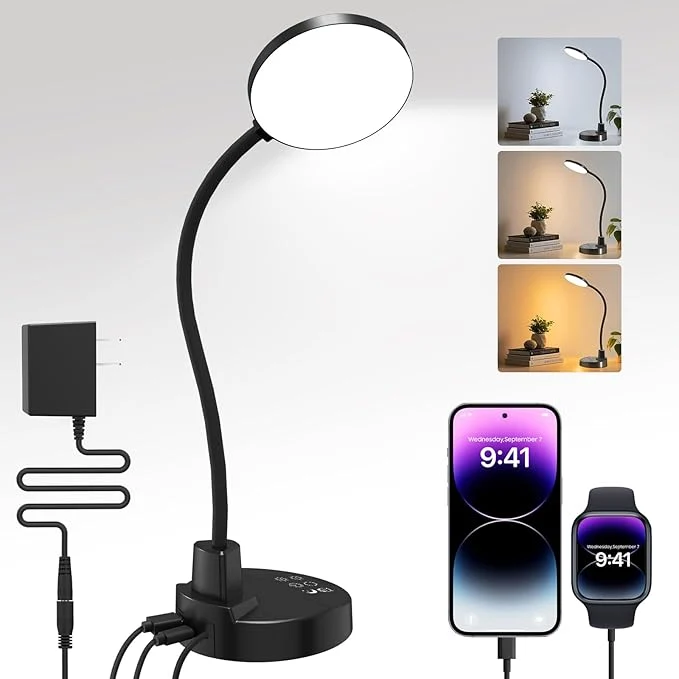 Convenient 15W LED Desk Lamp with USB Charging Ports – Dimmable Table Lamp with 3 Color Stylish