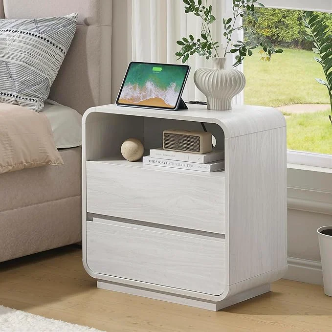 Verified White Nightstand Set of 2 with Charging Station 23.2 Wide Wood Bedside Table Authentic