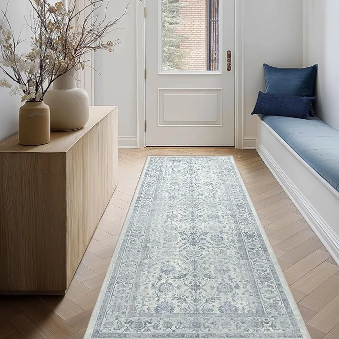 Convenient FMFUNCTEX 2×6 Runner Rug Blue Vintage Neutral Washable Distressed Non Slip Low Refined