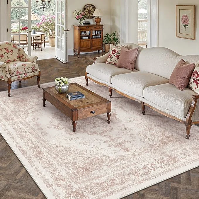 Trendy Area Rug 5×7 Washable Pink Rug Vintage Boho Medallion Large Distressed Retro Quality