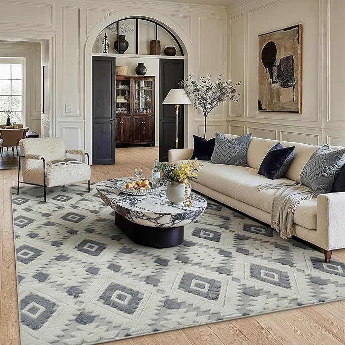 Prestigious Ivory Grey 8×10 Area Rug Washable Living Room Moroccan Shag Carpet Non Slip Smooth