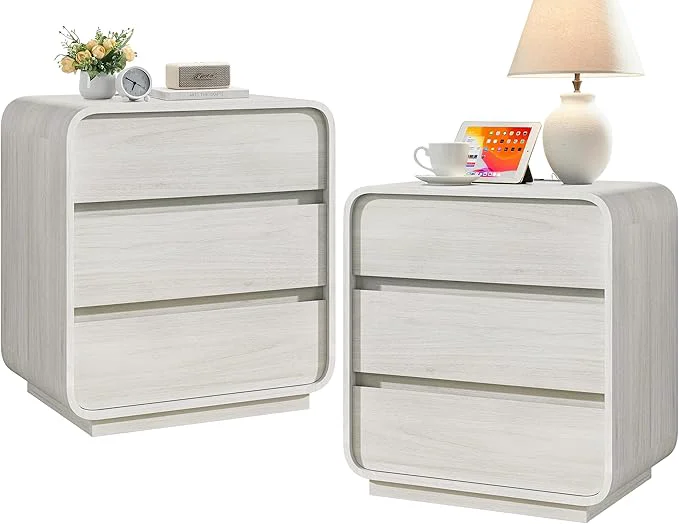 Solid White Nightstand Set of 2 with Charging Station 23.2 Wide Wood Night Stand Modern