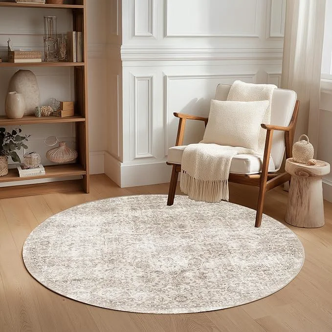 Top-Quality FMFUNCTEX 4ft Round Washable Area Rug Beige Vintage Neutral Distressed Small Sophisticated