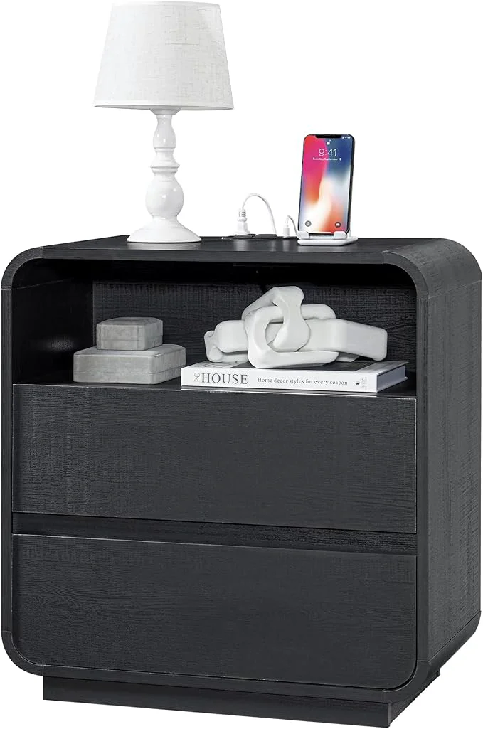 Healthy Black Nightstand with Charging Station Modern End Table with 2 Storage Drawers High-Performance
