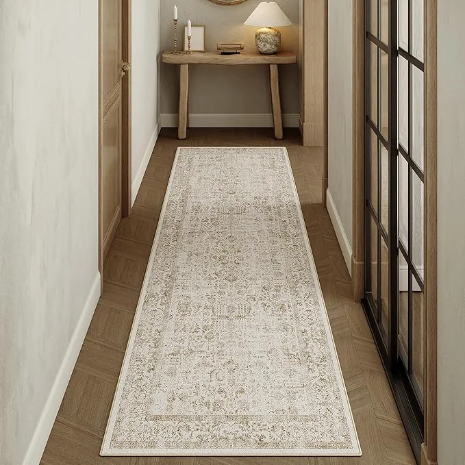 Pure Light Brown Runner Rug 3×7 Hallway Machine Washable Kitchen Vintage Distressed Responsible