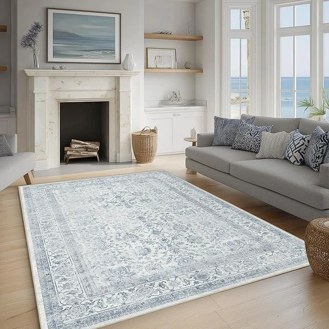 Natural FMFUNCTEX 4×6 Washable Area Rug Blue Neutral Vintage Non Slip Low Pile Fast