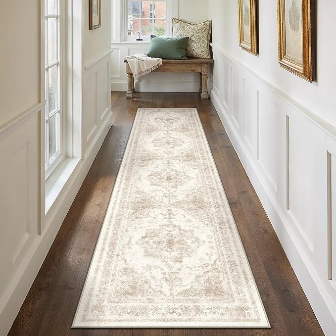 Smooth Runner Rug 2×10 Cream Hallway Washable Beige Carpet Non Slip Vintage Medallion Exceptional