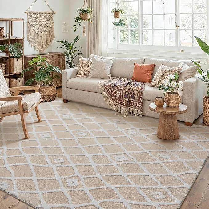 Environmentally Friendly Ivory 5×7 Area Rug Moroccan Shag Living Room Washable Carpet Soft Non Shedding Fashionable
