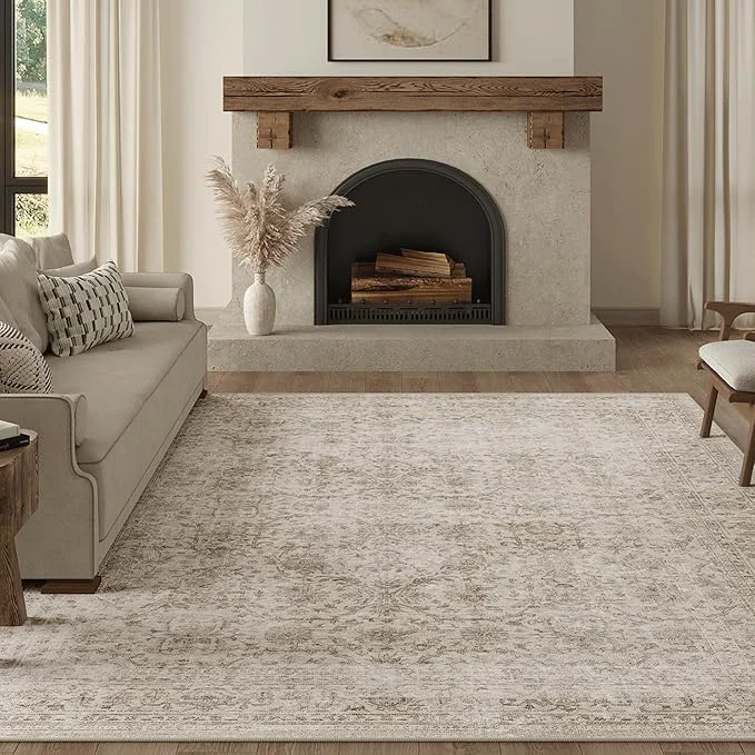 Top-Quality FMFUNCTEX 9×12 Washable Area Rug Beige Vintage Neutral Distressed Large Non Smart