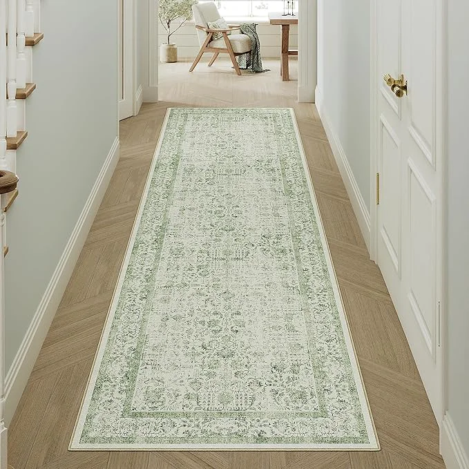 Refined Runner Rug 2×5 Sage Green Hallway Washable Vintage Distressed Kitchen Carpet Selected