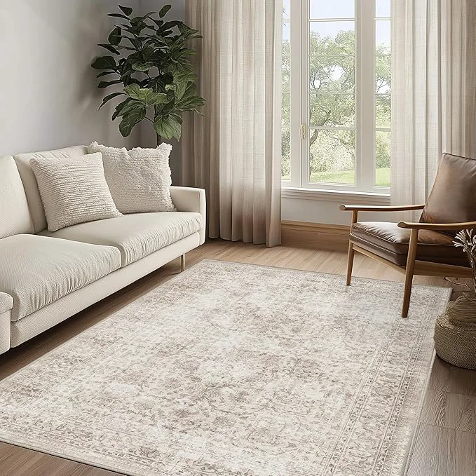 Healthy FMFUNCTEX 5×7 Washable Area Rug Neutral Vintage Beige Non Slip Low Pile High-Quality