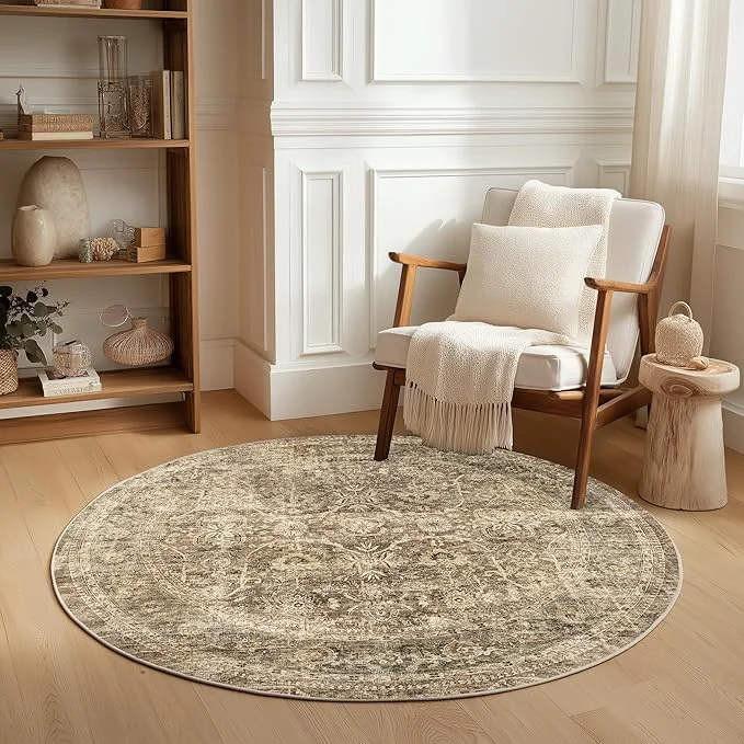 Easy-to-Use FMFUNCTEX 5ft Round Washable Area Rug Brown Vintage Neutral Distressed Non Slip Artisan