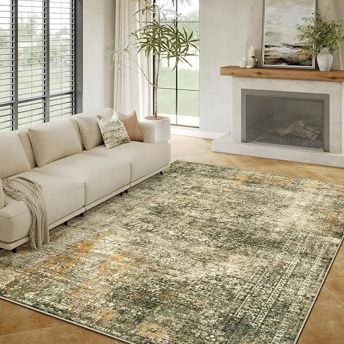 First-Class Area Rug 6×9 Brown Washable Non-Slip Lightweight Floral Vintage Distress Print Superior