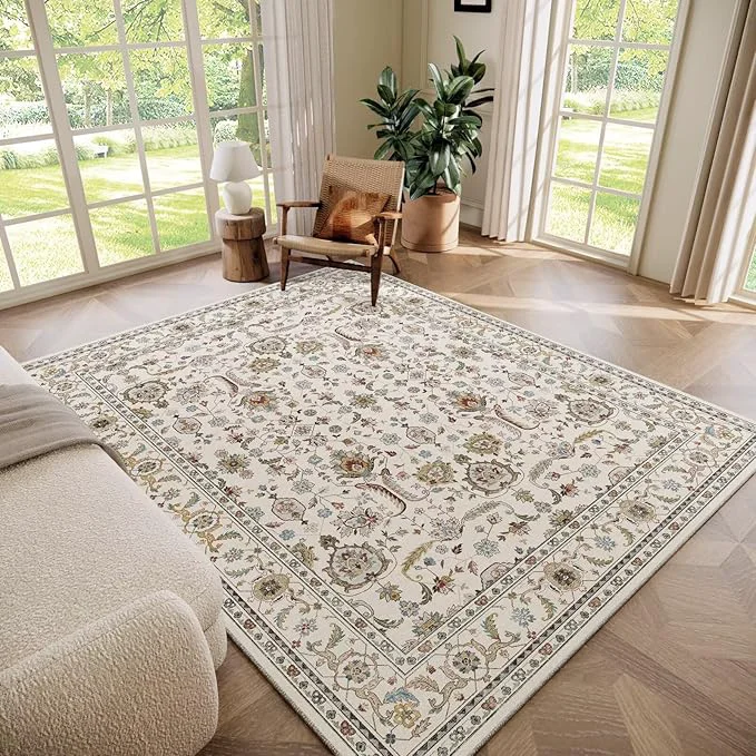 Fine Washable 5×7 Area Rugs for Living Room Boho Non-Slip Vintage Distress Rugs for Minimalist