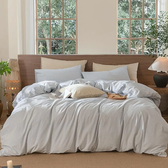 Easy-to-Use MooMee Striped Duvet Cover Set Washed Cotton Linen Like Textured Verified