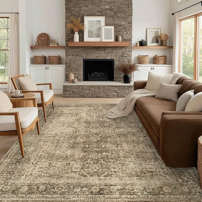 Genuine FMFUNCTEX 8×10 Washable Area Rug Brown Vintage Neutral Distressed Large Non Classic