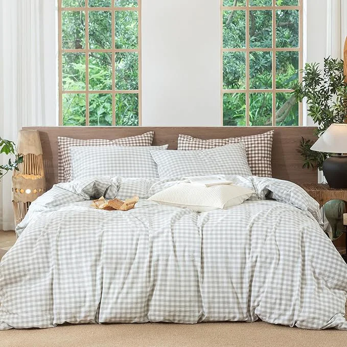 High-End MooMee Gingham Duvet Cover Set Washed Cotton Linen Like Textured Reusable