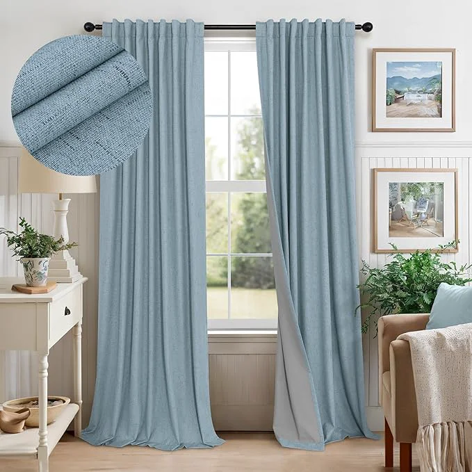 Advanced Slate Blue Curtains 108 Inches Long 2 Panel Burg Blackout Boho Linen Functional