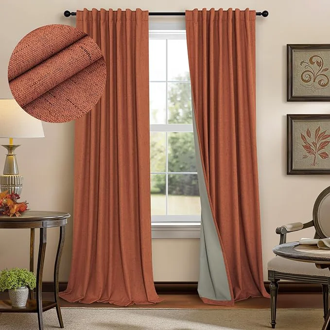Expertly Made Rust Blackout Curtains for Living Room 102 Inch Length 2 Panels Set Linen Safe