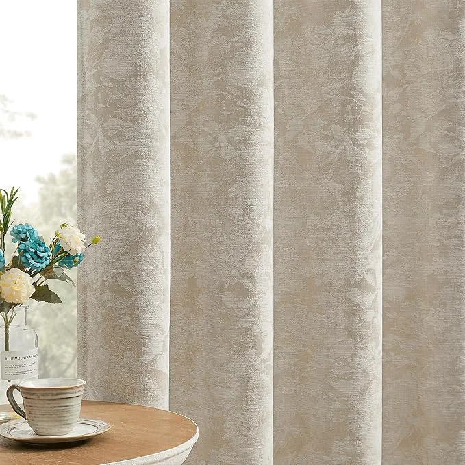 Authentic Beauoop Beige Floral Jacquard Blackout Curtains 96 Inches Long 2 Panels Minimalist