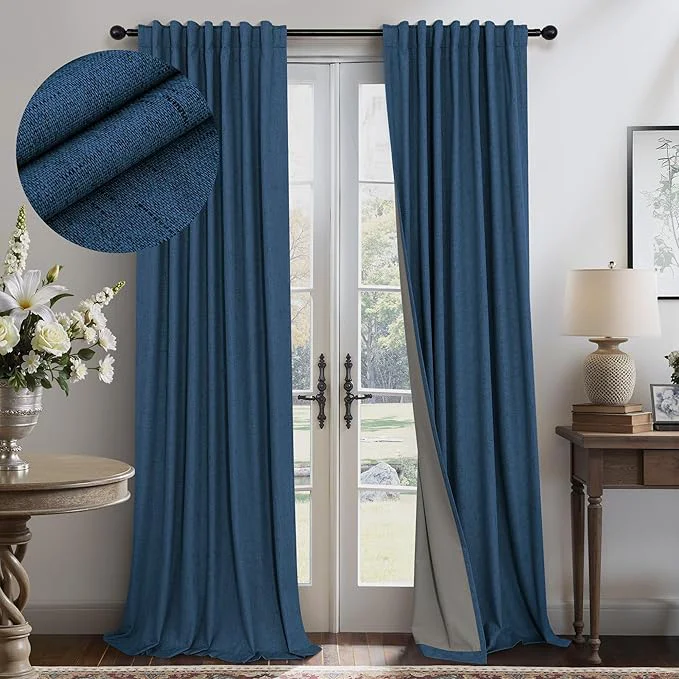 Green Navy Blue Linen Textured Curtains 90 Inches Long 2 Panels Set Modern Neutral Verified